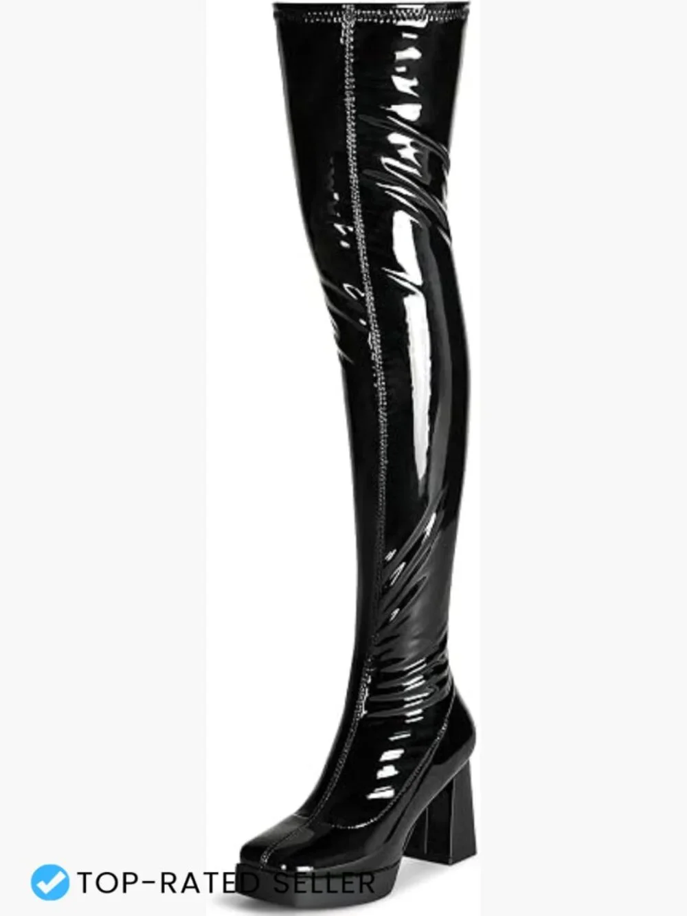 Platform Thigh High Boots Square Toe Chunky Heels Over The Knee Patent PU